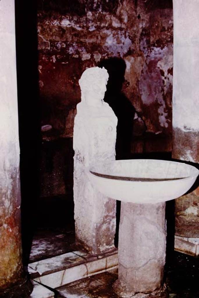 Suburban baths, Herculaneum, 1975. Atrium with fountain bust of Apollo.
Photo by Stanley A. Jashemski.
Source: The Wilhelmina and Stanley A. Jashemski archive in the University of Maryland Library, Special Collections (See collection page) and made available under the Creative Commons Attribution-Non Commercial License v.4. See Licence and use details. J75f0721